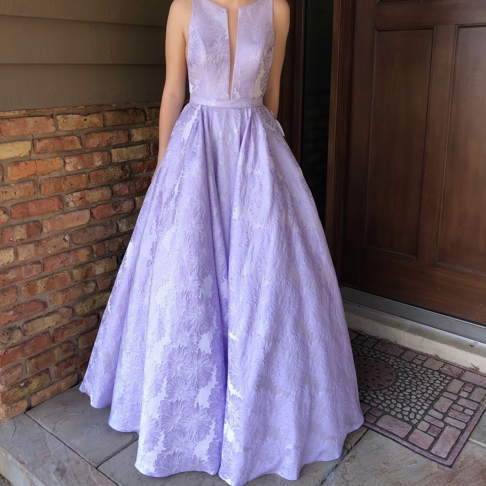 Sherri Hill Lavender Flower Print Long Dress